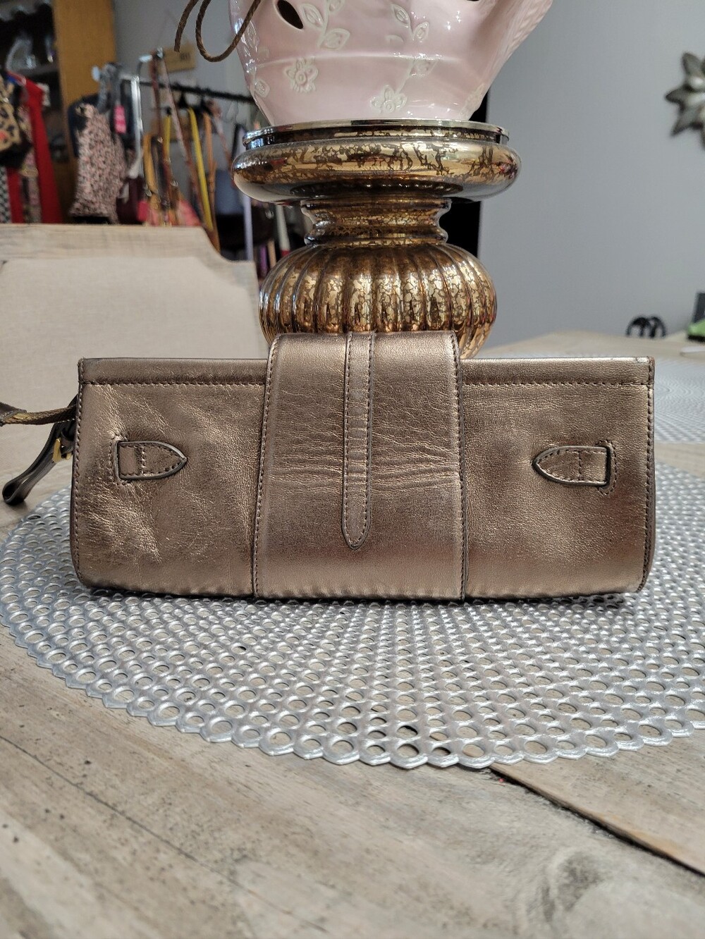 Jimmy Choo Metallic Bronze Leather Wristlet Clutch - Picture 7 of 8